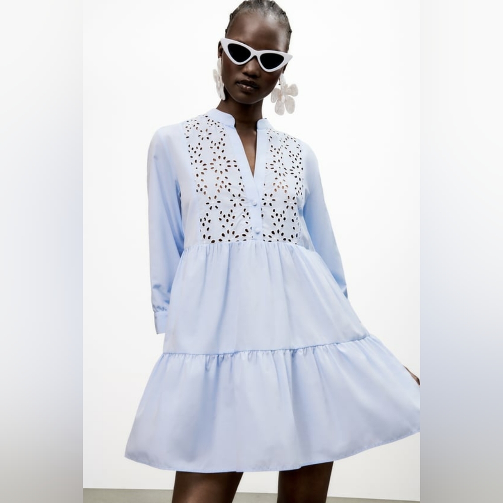 ZARA NWOT Blue Openwork Embroidered Mini Dress